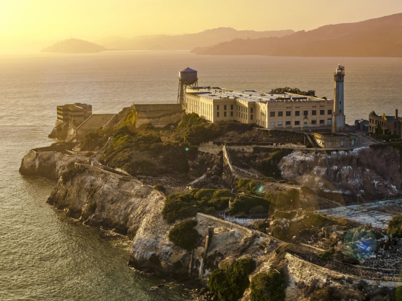 Aerial view of Alcatraz island and prison in San Francisco